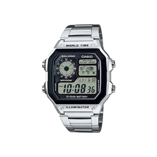 Reloj Casio AE-1200WHD-1A Hombre Digital Plateado | Resistente al Agua 100M con Hora Mundial – Mi Casio Perú