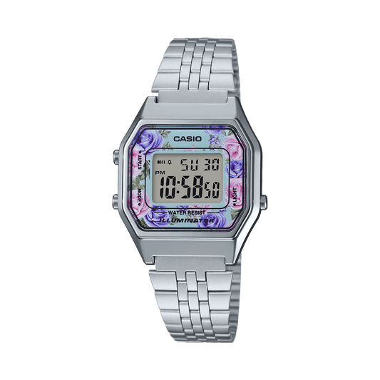 Casio LA680WA-2C Mujer Mediano-Tamaño Plata Reloj retro vintage FLORAL Nuevo