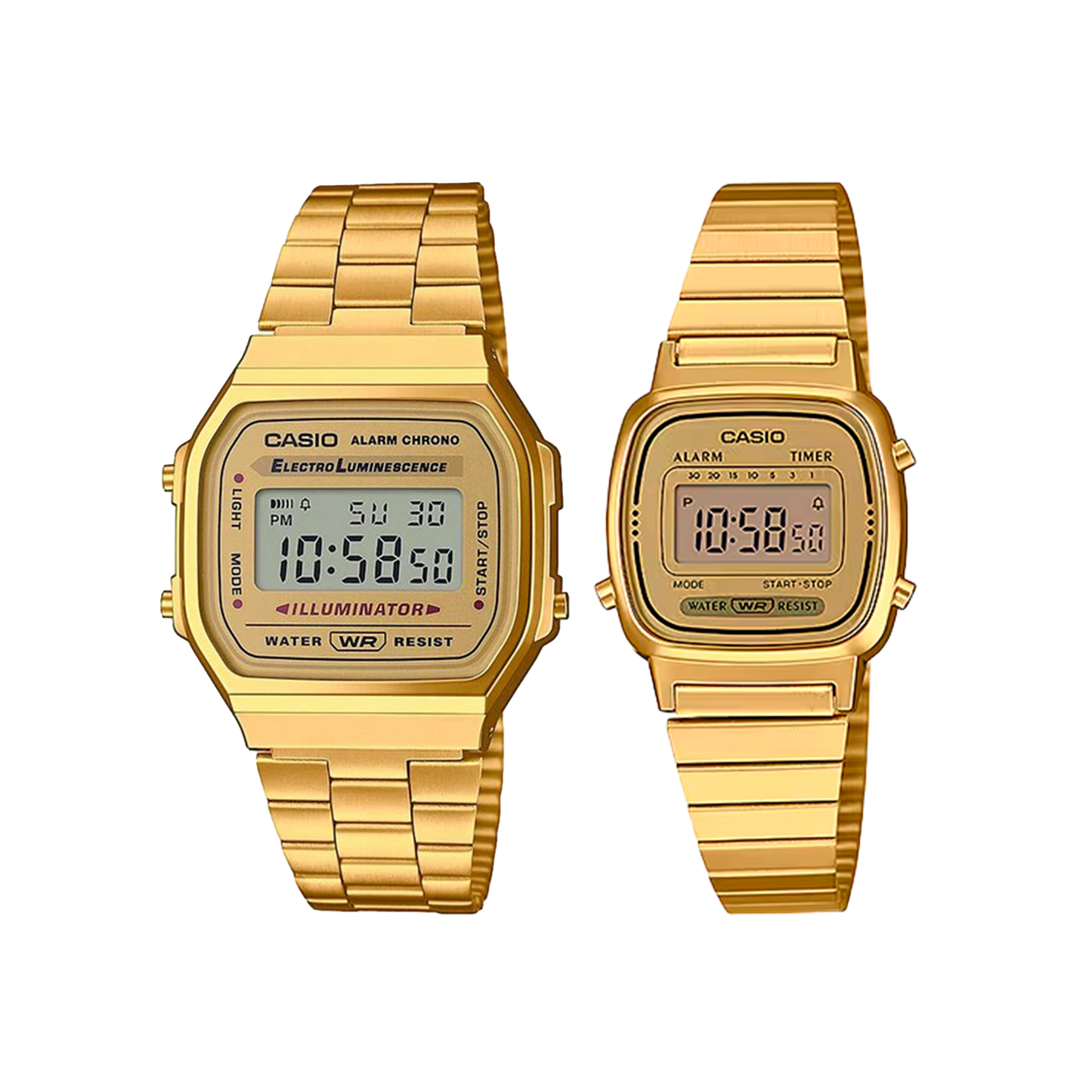 Set de Relojes Casio A168WG-9W y LA670WGA-9A – Estilo Retro Dorado para Parejas