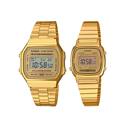 Set de Relojes Casio A168WG-9W y LA670WGA-9A – Estilo Retro Dorado para Parejas