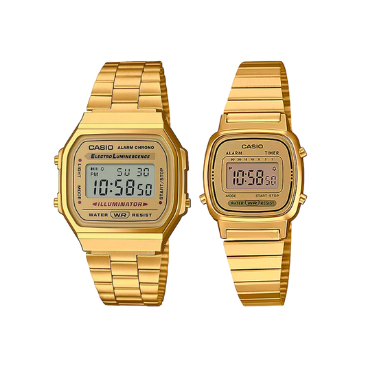 Set de Relojes Casio A168WG-9W y LA670WGA-9A – Estilo Retro Dorado para Parejas