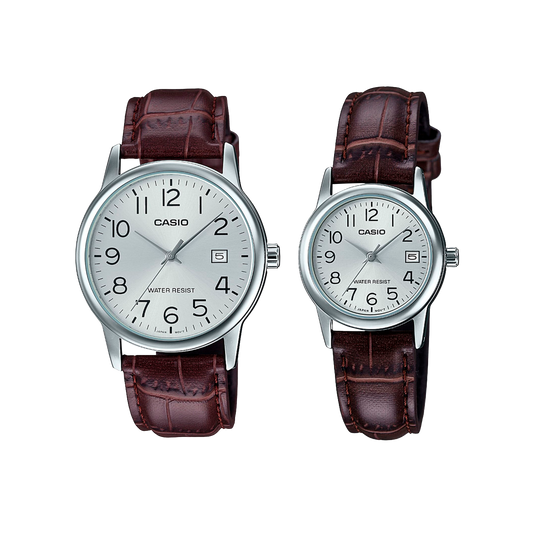 Set de Relojes Casio LTP-V002L-7B2 y MTP-V002L-7B2 – Elegancia Clásica para Parejas