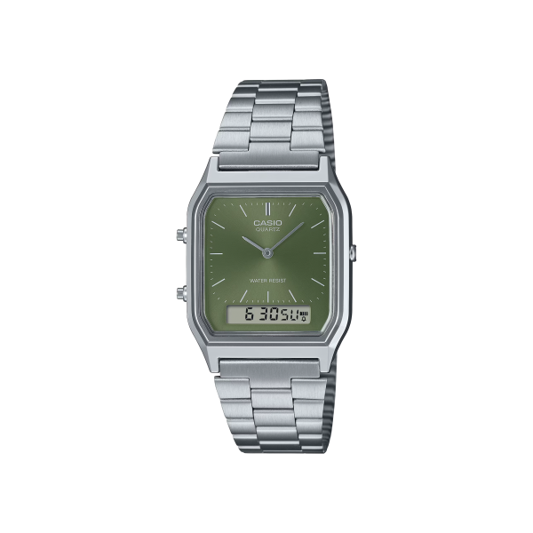 Reloj Casio AQ-230A-3AMQY para Hombre – Estilo Retro Clásico con Carátula Verde y Pantalla Dual