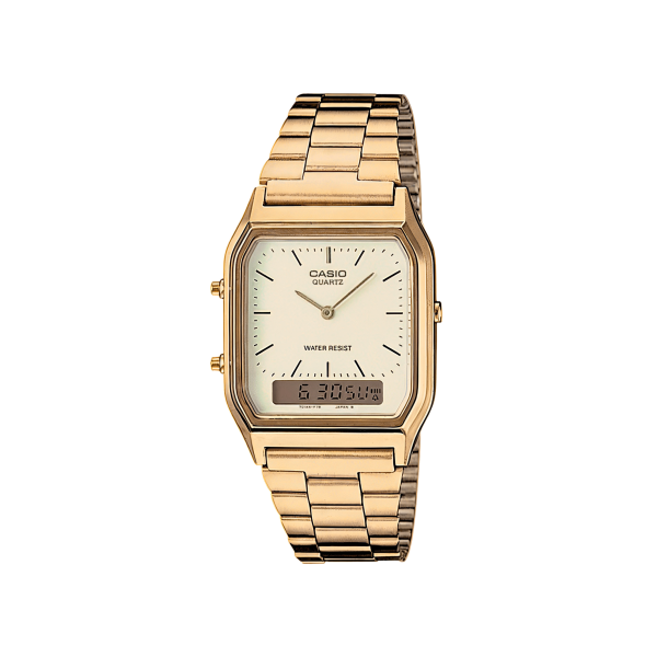 Reloj Casio AQ-230GA-9D para Hombre – Estilo Retro Dorado con Doble Pantalla