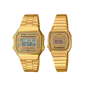 Set de Relojes Casio A168WG-9W y LA670WGA-9A – Estilo Retro Dorado para Parejas