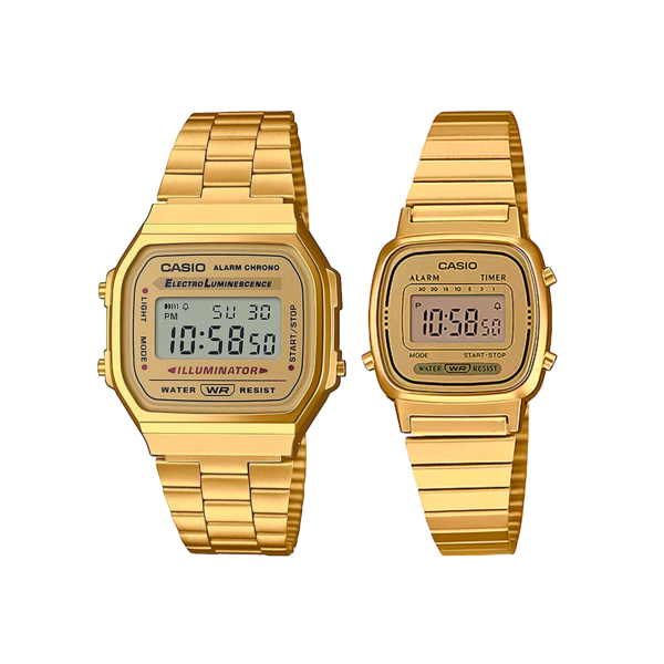 Set de Relojes Casio A168WG-9W y LA670WGA-9A – Estilo Retro Dorado para Parejas