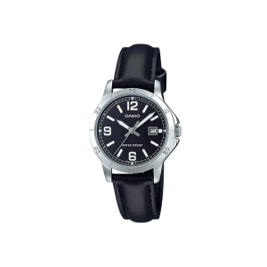 Casio LTP-V004L-1B – Elegante con Correa de Cuero Negra para Mujer