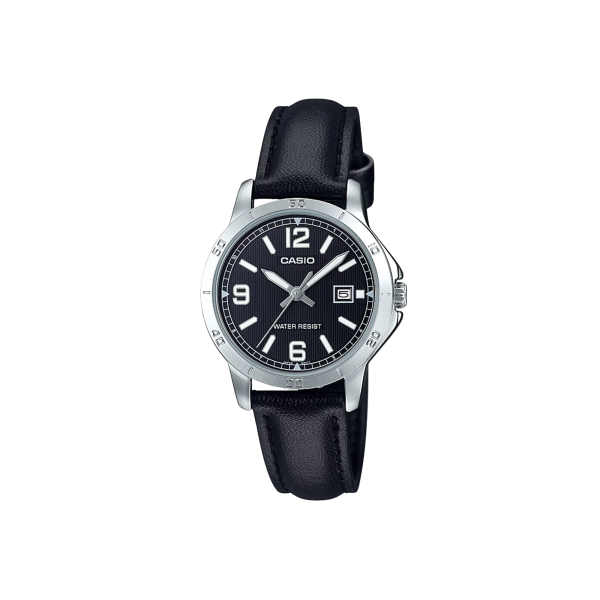 Casio LTP-V004L-1B – Elegante con Correa de Cuero Negra para Mujer