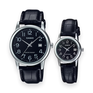 Set de relojes Casio para pareja MTP-V002L-1B y LTP-V002L-1B cuero negro