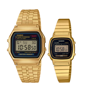 Set de relojes Casio para pareja A159WGEA-1DF y LA670WGA-1DF dorado retro digital