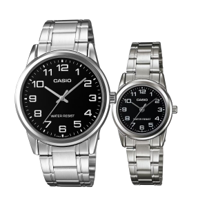 Set de relojes Casio para pareja MTP-V001D-1B y LTP-V001D-1B plateados clásicos