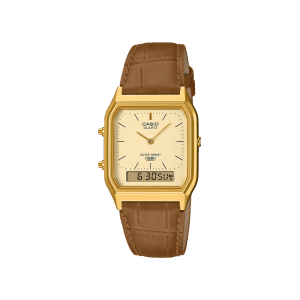 Reloj Casio AQ‑230EGL‑9ADF dorado con correa de cuero negro